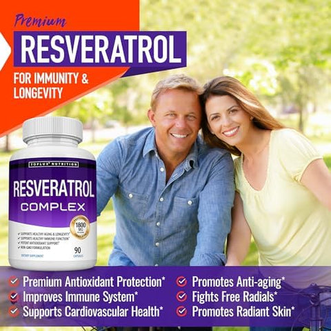 Toplux Resveratrol Supplement 1800 Mg Antioxidant Complex Highly Potent Natural Transresveratrol Pills For Healthy Aging Overall Health Support Immune System Brain Function For Men Women 90 Capsules