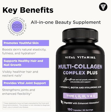 Vital Vitamins Multi Collagen Plus 2 Pack with Biotin Hyaluronic Acid Vitamin C Type I II III V X for Women and Men Hair Skin Nails Beauty Complex 300 Capsules