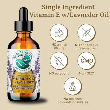 Bella Terra Oils - Lavender Infused Organic Vitamin E Oil 4 Oz - D-Alpha Tocopherol Powerhouse Extracted From Organic Wheat Germ Lavishly Nourishing Organic Vitamin E For Luxurious Skin
