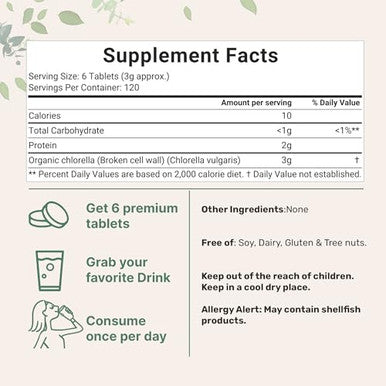 Micro Ingredients Organic Chlorella Tablets 500Mg Per Tablet 720 Tabs (360 Grams) 4 Months Supply Broken Cell Wall Rich In Vegan Protein & Vitamins No Filler No Additives & Non-Gmo Pure Green Algae Superfood