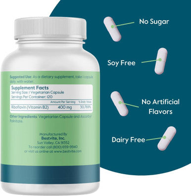 Bestvite Vitamin B-2 (Riboflavin) 400mg (240 Vegetarian Capsules) (120 x 2) - No Stearates - Vegan - Non GMO - Gluten