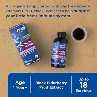 Mommy's Bliss Organic Elderberry Syrup and Immunity Boost With Vitamins Prebiotics and Echinacea for Kids and Adults 1 yr+ 3 Fl Oz
