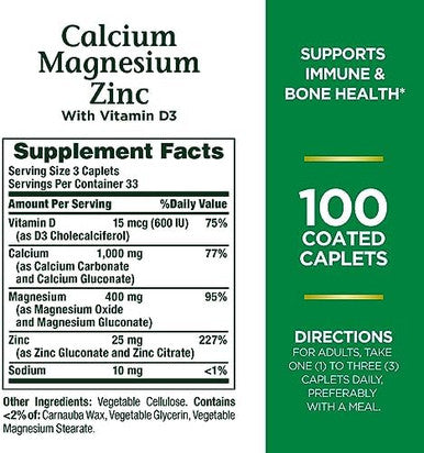 Nature'S Bounty Calcium Magnesium & Zinc Caplets, Immune & Supporting Bone Health, 100 Count
