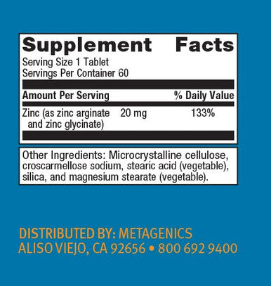 Metagenics Zinc A.G. GI-Friendly Highly Absorbable Zinc 60 servings