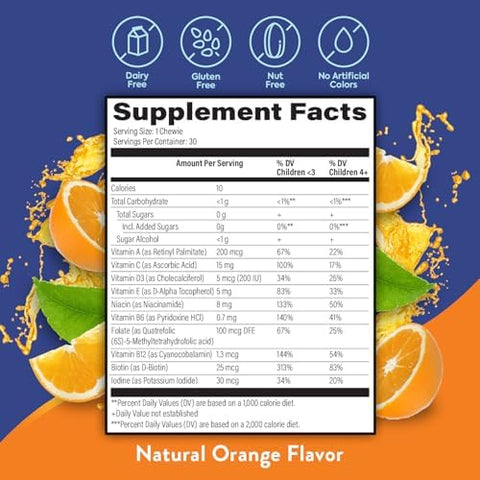 OmegaVia Sugar Free Kids Multivitamin Chewies Daily Chewable Gummy Vitamins for Kids 3+ Vitamin A C D3 E B6 and B12 Folate and More Natural Orange Flavor 30 Count