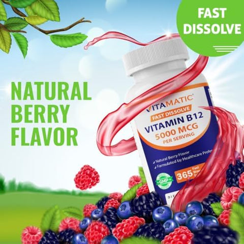 Vitamatic Vitamin B12 5000 mcg 365 Fast Dissolve Tablets Berry Flavor Supports Energy Production and Nervous System Health NonGMO GlutenFree