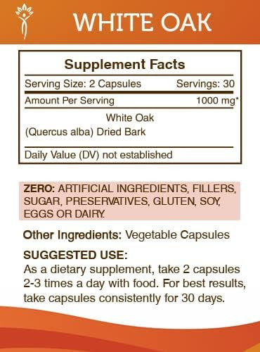 Secrets of the Tribe White Oak 60 Capsules, 1000 mg, White Oak (Quercus alba) Dried Bark (60 Capsules)
