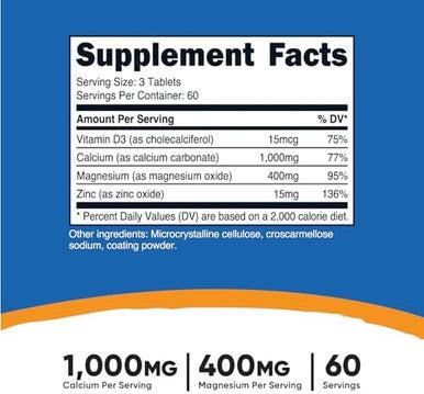 Nutricost Calcium Magnesium & Zinc Tablets 1415 Mg 180 Tablets Vitamin / Mineral Blend Supplement 60 Servings Gluten Nongmo