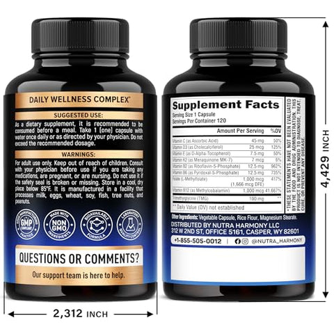 Nutraharmony Methylated Multivitamin - B2 B6 5-Mthf & B12 Antioxidants C & E Vitamin D3 & K2 - For Men & Women - 9-In-1 Mthfr Supplement With Tmg - Energy Brain & Mood - Vegan - Made In Usa 120 Capsules