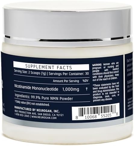 Neurogan 99.9% Pure NMN Supplement Powder Nicotinamide Adenine Dinucleotide Precursor for Cellular Energy and Focus Supplement 30000 mg (2 oz) Mixable 30 Servings