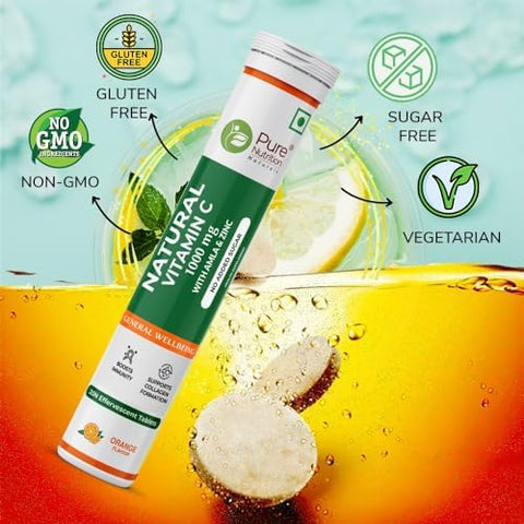 Pure Nutrition Vitamin C and Zinc 40 Effervescent Tablets (20 X 2) Orange Flavour 1000Mg Amla Extract Supports Skin Immunity and Daily Wellness For Men and Women