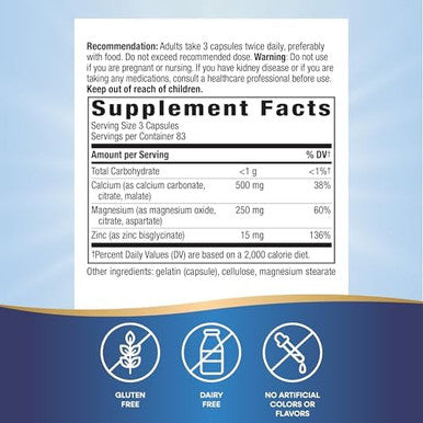 Nature'S Way Calcium-Magnesium-Zinc - Bone Health & Muscle Function - With Calcium Carbonate, Citrate & Malate - Gluten & Dairy - 250 Capsules