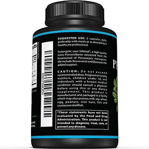 Sunergetic Premium Pterostilbene Supplement " Pterostilbene With Resveratrol & Quercetin " Supports Healthy Aging " Natural Source Pterostilbene 100Mg Per Serving " 60 Capsules
