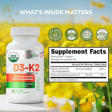 Livegood Organic D3 K2 Supplement 2000 Iu Vegan Capsules With Mk-7 Pure Vitamin D3 With K2 For Immune And Bone Support Made In The Usa Organic D3 K2 Formula (60 Count)