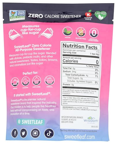 SweetLeaf Indulge Sweetener - Sugar Substitute with Stevia, Monk Fruit, Allulose, & Inulin, Use for Baking, Cooking, or Coffee, Powder Sugar Alternative, Keto Friendly, Zero Calorie - 16 Oz