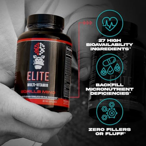 Gorilla Mind Elite MultiVitamin (180 Capsules) Daily Multivitamin Formulated for Peak Performance 27 Nutrients to Backfill Micronutrient Shortcomings