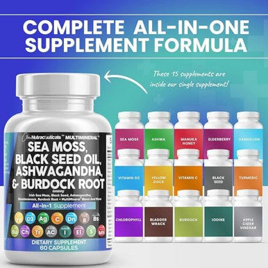Clean Nutraceuticals Sea Moss Black Seed Oil Ashwagandha Turmeric Bladderwrack Burdock & Vitamin C Vitamin D3 With Elderberry Manuka Dandelion Yellow Dock Iodine Chlorophyll Acv