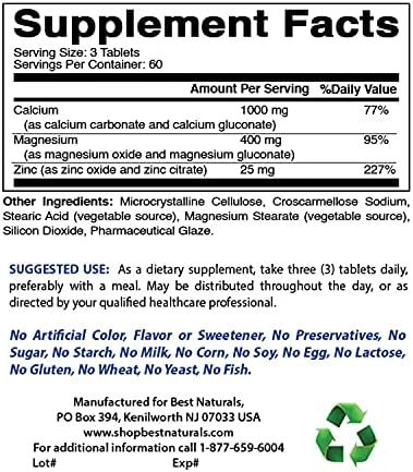 2 Packs Best Naturals Calcium Magnesium Zinc 180 Tablets Essential Cal Mag Zinc Mineral Complex (Total 360 Tablets)