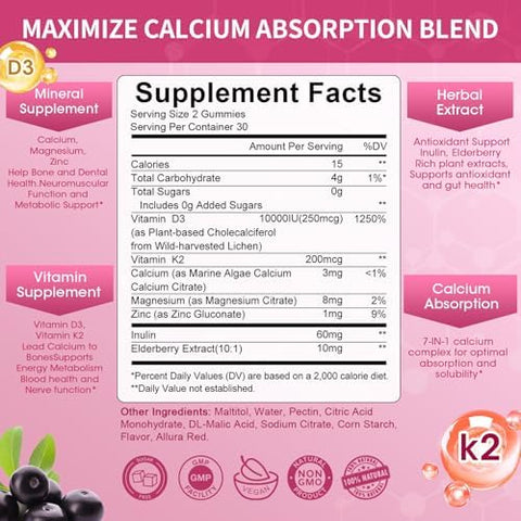 Vitamin D3 10000 IU + K2 (MK7) 200mcg w/Calcium Magnesium Zinc Elderberry and InulinHighly BioavailableEnhanced Absorption for Immune and Bone Support K2 D3 Vitamin SupplementVegan Gummies