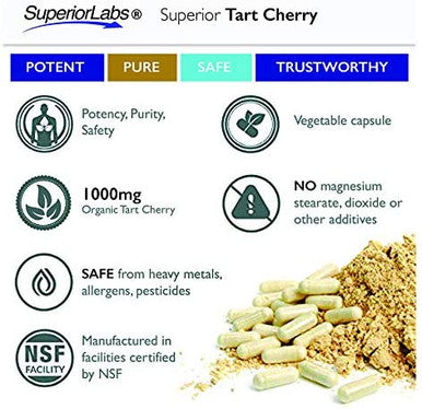 Superior Labs Organic Montmorency Tart Cherry 1000mg Extract 60 Veg Caps 2 Proanthocyanidins Celery Seed Black Pepper Extracts for Maximum Absorption Supports Balanced Uric Acid Levels