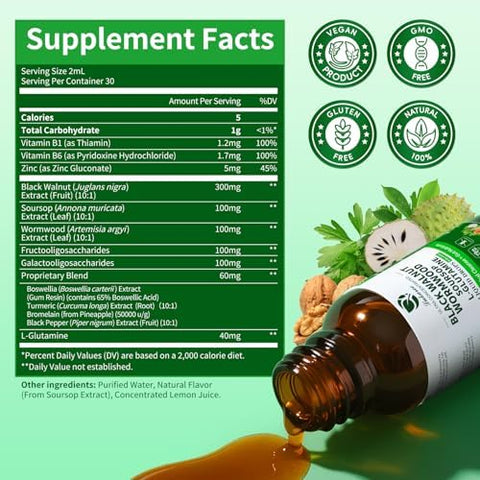 Lukaree Wormwood Black Walnut Clove Tincture " Natural Gut Cleanse Detox For Humans " Support Digestive Health With Lglutamine Prebiotic Soursop Turmeric 5X Absorption Vegan Gluten 4 Fl.Oz