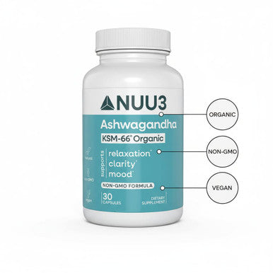 NUU3 Ashwagandha Organic KSM 66 Root Extract Supplement Stress Relief Calm Mood Mental Clarity Energized Focus & Restful Sleep Non GMO Gluten Free - 30 Capsules / 30 Day Supply