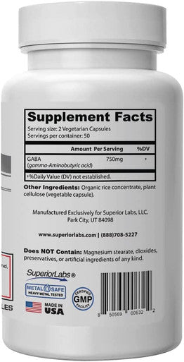 Superior Labs GABA Supplement 750mg Maximum Strength Mood Enhancement Natural Relief of Simple Nervous Tension Promotes Mood Balance Sleep Quality and Natural Brain Function