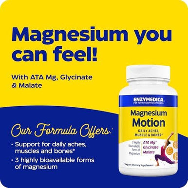 Enzymedica Magnesium Motion With 3 Forms Of Magnesium Ata Mg Glycinate Malate Soothes Occasional Aches Supports Bones & Muscles 60 Count