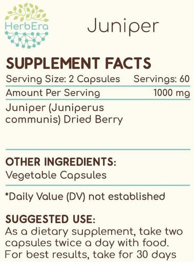 HerbEra Juniper 120 Capsules, 500 mg, Made with Juniper (Juniperus communis) Dried Berry (120 Capsules)