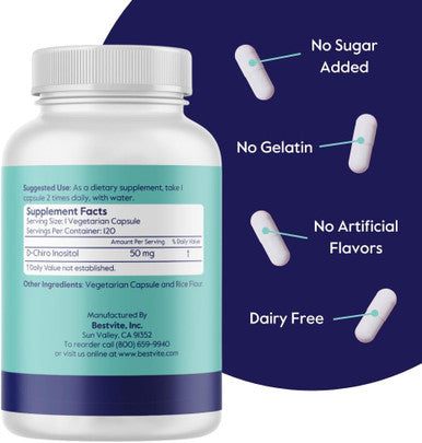 Bestvite D-Chiro Inositol (120 Vegetarian Capsules) - No Stearates - Vegan - Non GMO - Gluten - 1 Capsule for 40:1 Inositol Ratio