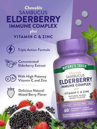 Nature'S Truth Elderberry Immune Complex 60 Chewable Tablets Plus Vitamin C & Zinc Mixed Berry Vegan, Non-Gmo, & Gluten Supplement