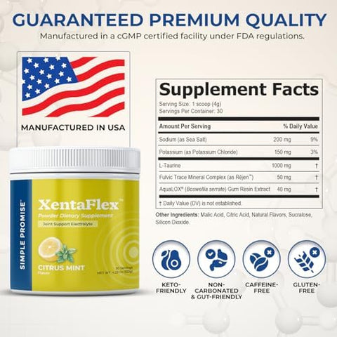 Simple Promise Xentaflex - Joint Support Electrolyte Powder With Aqualox Boswellia & Potassium - Supports Hydration And Mobility -Joint Supplement For Men & Women - 30 Servings - Citrus Mint Flavor