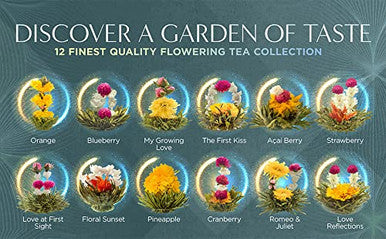 Teabloom Flowering Tea Chest - Curated Collection of 12 Gourmet Flowering Teas - Packaged in Beautiful -Ready Tea Box