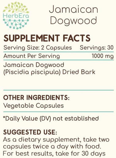 HerbEra Jamaican Dogwood 60 Capsules, 500 mg, Wildcrafted Jamaican Dogwood (Piscidia Piscipula) Dried Bark (60 Capsules)