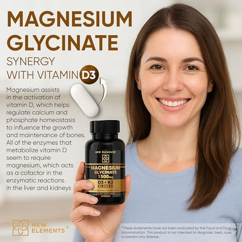 Elements Magnesium Glycinate 1500Mg With Vitamin D3 K2 10000 Iu - Bone Health Immune Support Energy & Mood - Non-Gmo Gluten- 60 Vegan Capsules For Women & Men