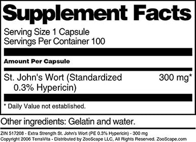 Terravita Extra Strength St. John'S Wort (Pe 0.3% Hypericin) - 300 Mg (100 Capsules, Zin: 517208)