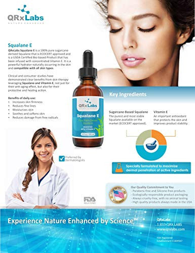 Qrxlabs Pure Plant-Based Squalane Oil With Vitamin E (2 Oz) - Organic Ecocert/Usda Squalane From Sugarcane - Moisturizer For Face Body Skin & Hair