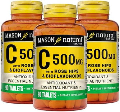 Mason Natural Vitamin C 500 Mg With Rose Hips & Bioflavonoids Immune Support & Antioxidant Formula 90 Tablets (Pack Of 3)