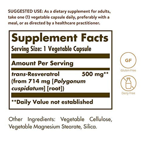 Solgar Resveratrol 500 Mg 30 Vegetable Capsules - Antioxidant Protection - Gluten Free Dairy Free 30 Servings