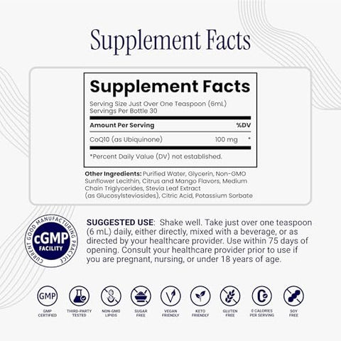 Rho Nutrition Liposomal Coq10 High-Absorption Liquid Coenzyme Q10 For Heart Health Cellular Energy & Antioxidant Support Supports Healthy Aging Vegan Sugar-Free Non-Gmo 6 Fl Oz 30 Servings