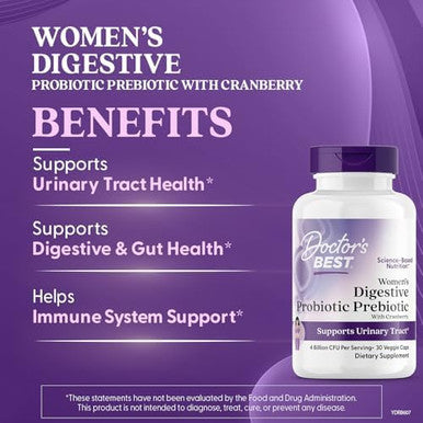 Doctor'S Best Womens Digestive Probiotic Prebiotic With Cranberry And Preforpro (4 Billion Cfu) Supports Urinary Tract Nongmo Vegan 30 Veggie Caps
