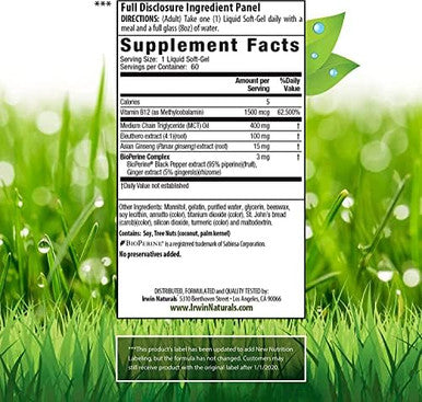 Irwin Naturals Oneperday Mega B12 1500Mcg High Potency Methylcobalamin Vitamin Fast Enhanced Absorption With Mct + Asian Ginseng Natural Energy Boost 60 Liquid Softgels With Pill Case