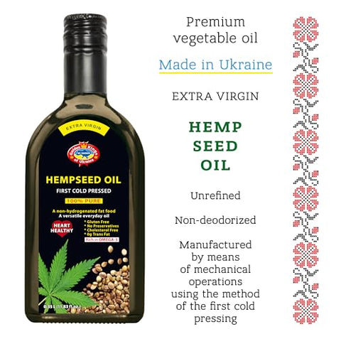 Golden Kings of Ukraine Pure Hemp Seed Cooking Oil - Extra Virgin Cold Pressed Oil - Unrefined and Non-Deodorized 11.83 OZ