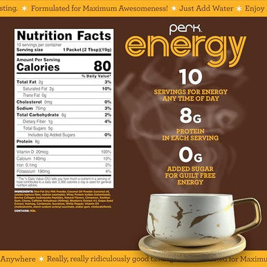 Perk Energy Original Chai Latte Flavored Drink Powder (10 Servings Stickpack) Gluten Peanut Soy