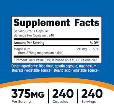Nutricost Magnesium Oxide 375Mg 240 Capsules 210Mg Of Magnesium Nongmo Gluten