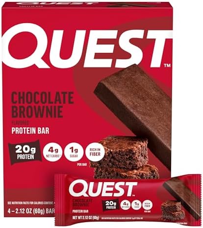 Quest Nutrition Chocolate Brownie Protein Bars, 20g Protein, 4g Net Carbs, 1g Sugar, High Fiber, Gluten Free, Keto Friendly, 4 Count