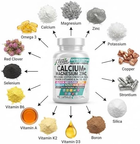 Allin1 Calcium Magnesium Zinc Supplement with Potassium Copper Strontium Silica Vitamin D3 K2 Boron Vitamin B1 B12 Red Clover Herb Alfalfa Basil Pills for Men and Women Clean Nutra Osteo Defend
