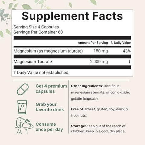 Magnesium Taurate 2000mg 240 Capsules Highly Bioavailable Chelated Magnesium Supplement Mineral Supplements for Men and Women NonGMO Gluten Free