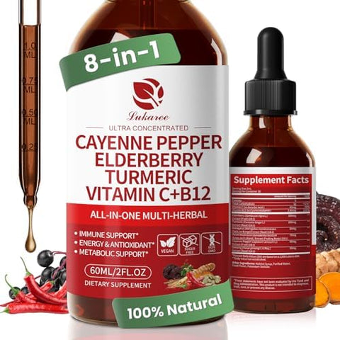 Lukaree Cayenne Pepper Drops 8In1 Complex Elderberry Turmeric Curcumin Astragalus Ginseng Vitamin C & B12 Organic Liquid Supplement Fast Absorbing Berry Flavor 2 Fl Oz " Daily Wellness Support