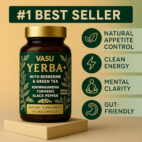 Vasu Yerba Yerba Mate Capsules 9 In 1 Blend With Barberry & Green Tea With Ashwagandha Amla Turmeric & Ginger Herbal Supplement For Clean Energy Focus & Digestive Support 100 Vegan Capsules
